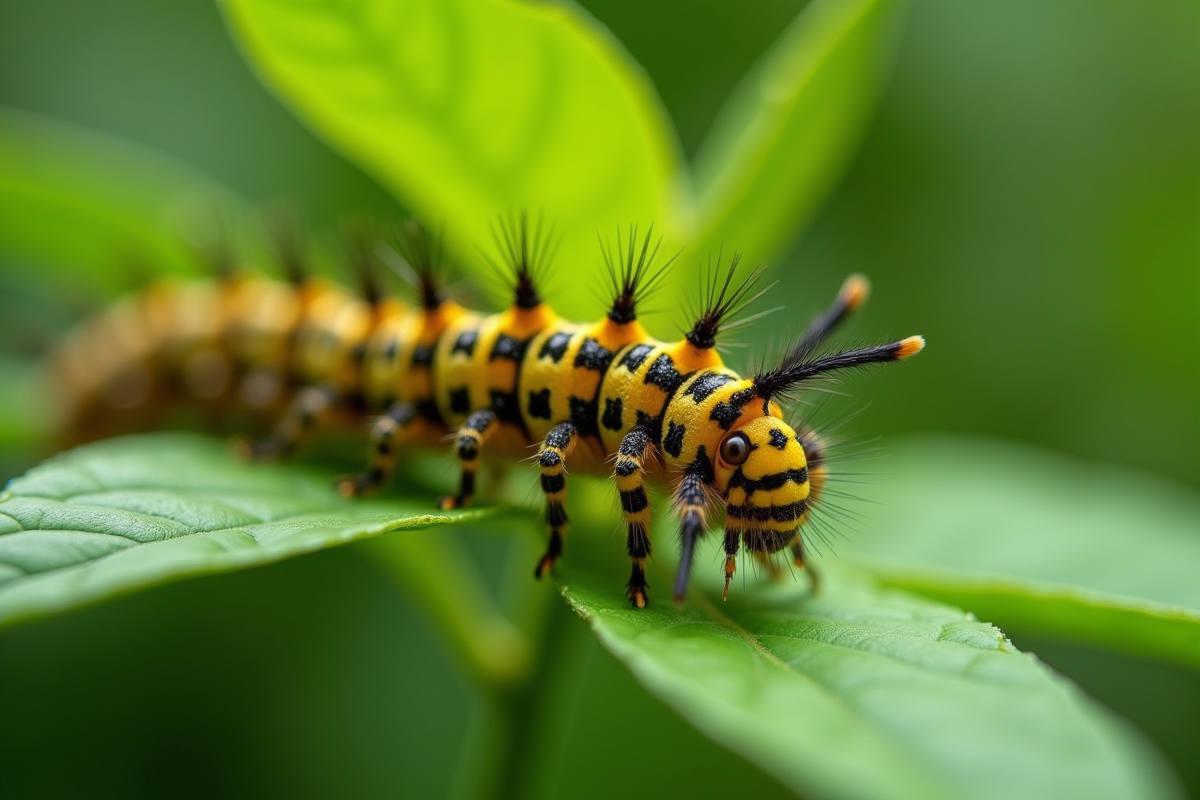 Chenille jaune et noire sur une feuille verte fraîche