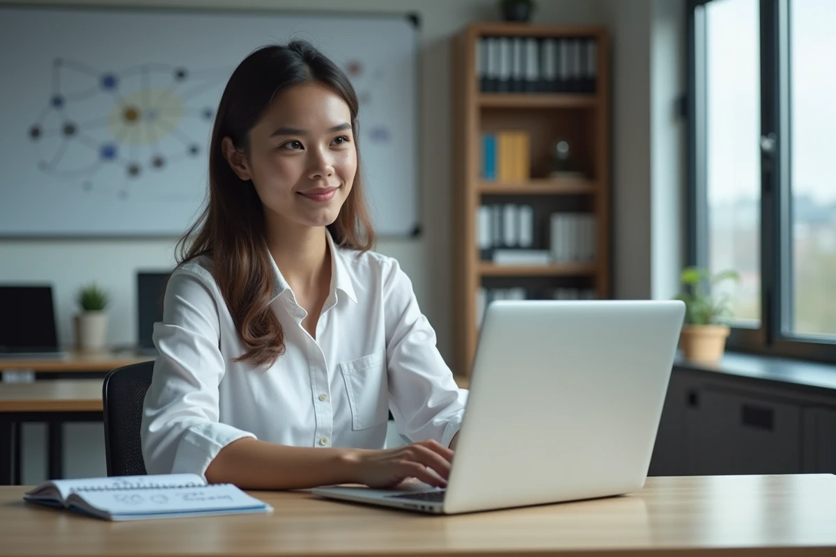 Chercheuse en sécurité informatique analysant une plateforme web sur son ordinateur portable dans un bureau universitaire