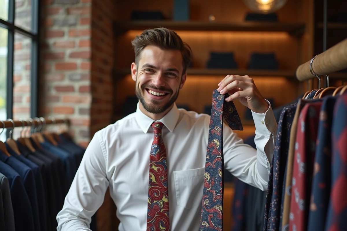 Jeune homme choisissant une cravate dans une boutique chic