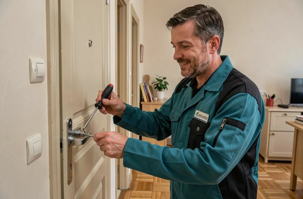 Technicien Christophe Services réparant une serrure de porte intérieure dans un appartement breton