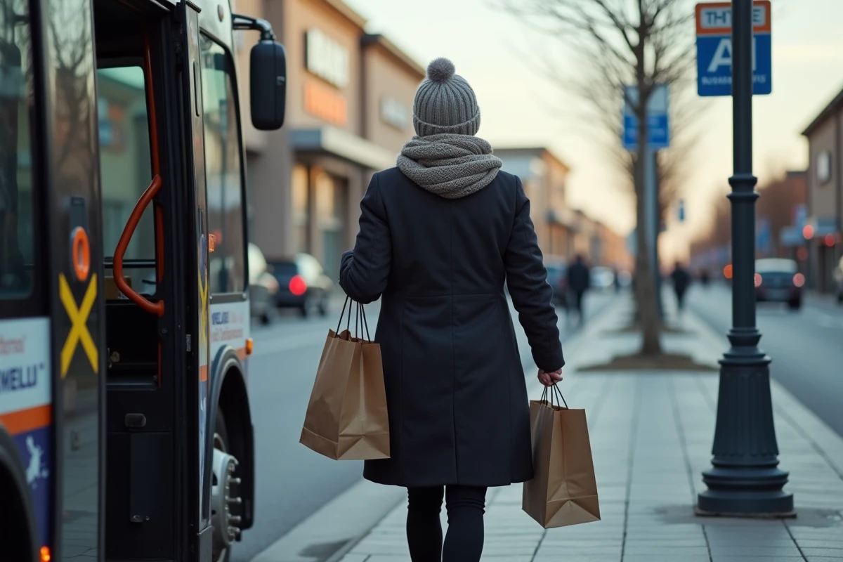 Femme descendant d'un bus devant une zone commerciale ouverte le dimanche 22 décembre