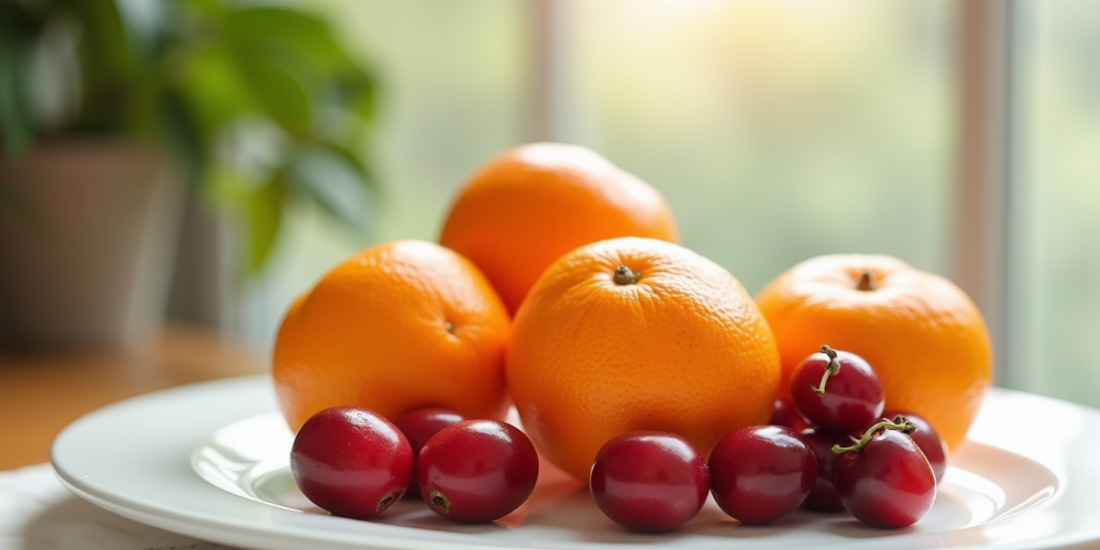 Clémentines et cerises fraîches sur une assiette blanche