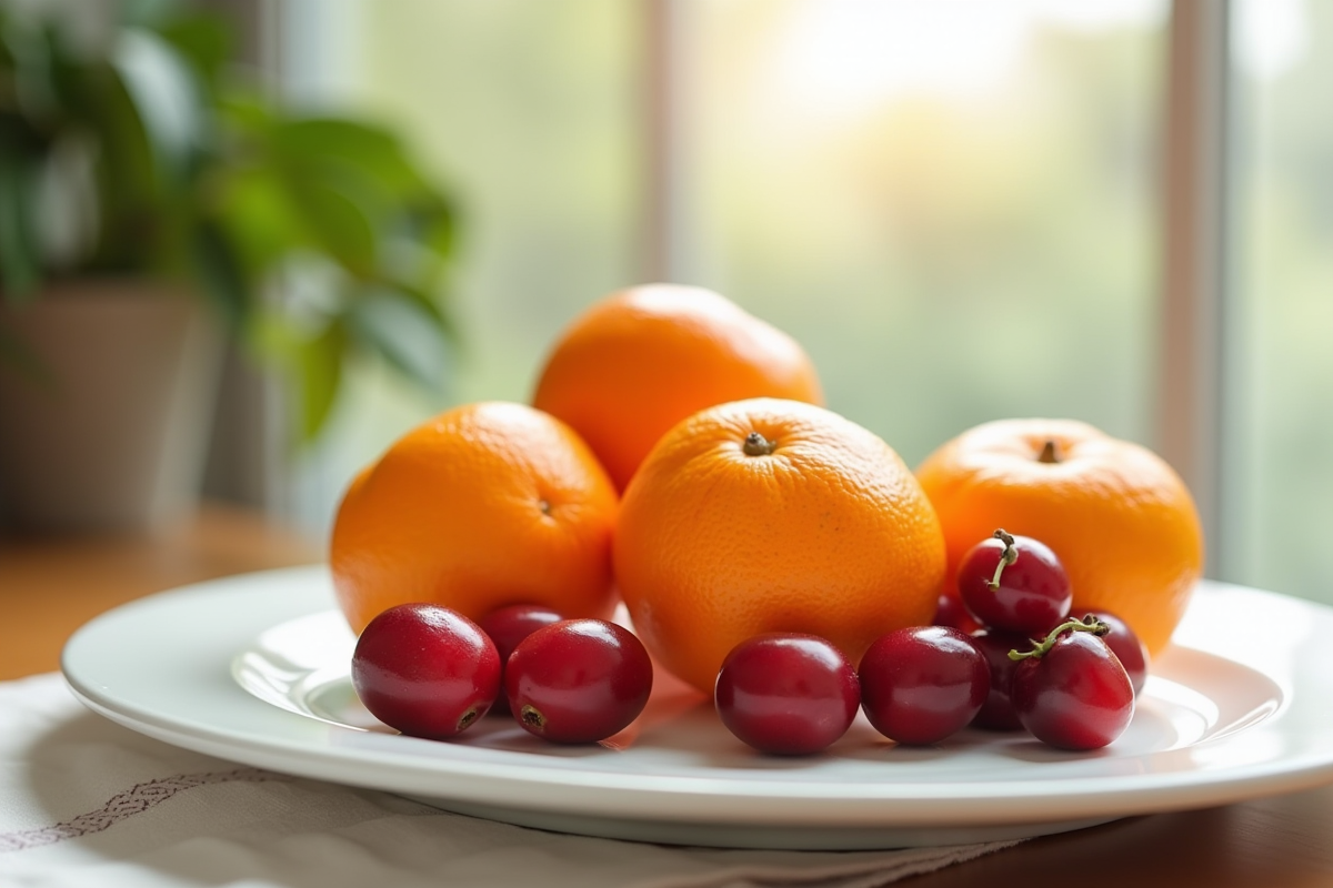 Clémentines et cerises fraîches sur une assiette blanche