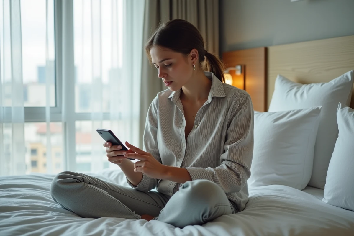 Jeune femme dans une chambre d'hôtel à l'étranger cherchant comment composer le code international 32 pour joindre un correspondant en Belgique