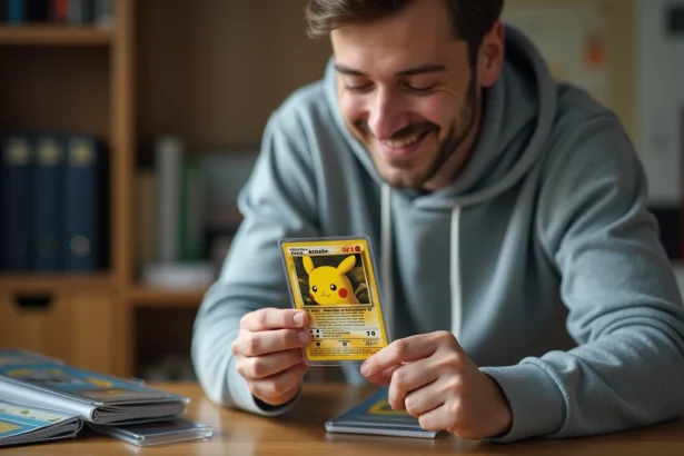 Collectionneur tenant une carte Pokémon Pikachu holographique rare entre les doigts à son bureau