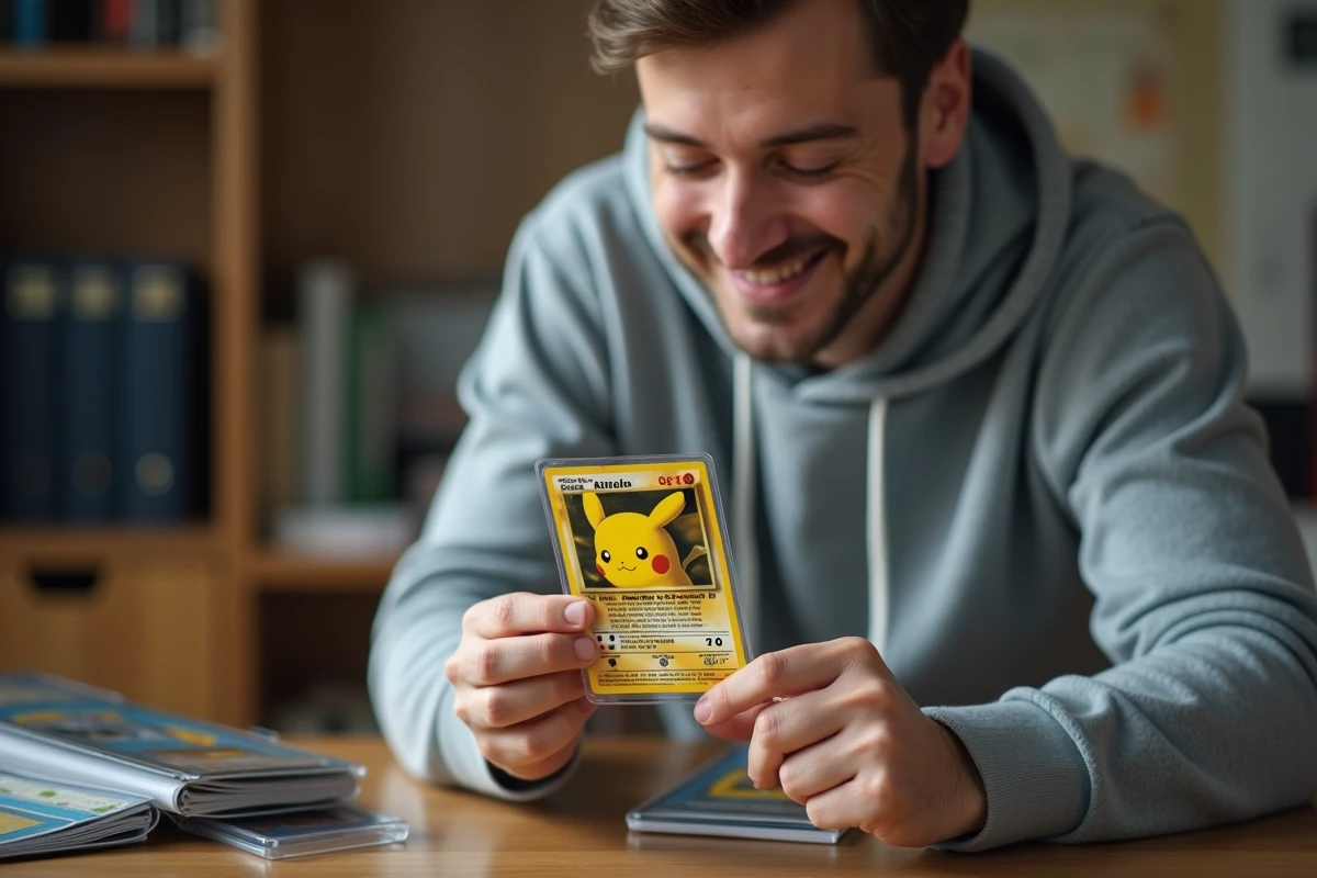 Collectionneur tenant une carte Pokémon Pikachu holographique rare entre les doigts à son bureau