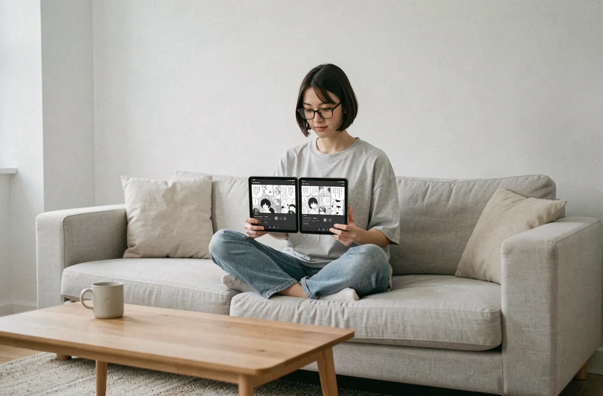 Jeune femme comparant des plateformes de scans sur une tablette dans un salon minimaliste