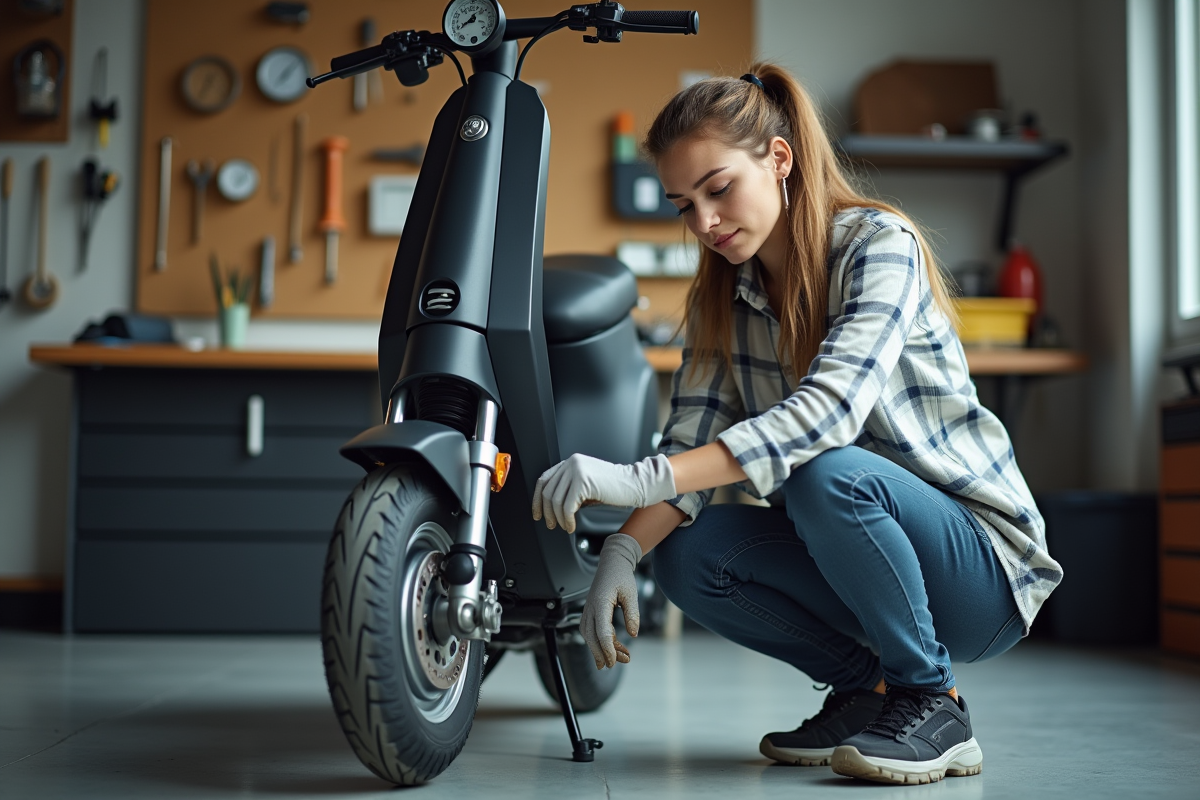 Jeune femme vérifiant la pression des pneus de son scooter
