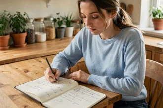 Jeune femme prenant des notes sur la conversion mètres cube en litres dans un carnet ouvert posé sur une table en bois