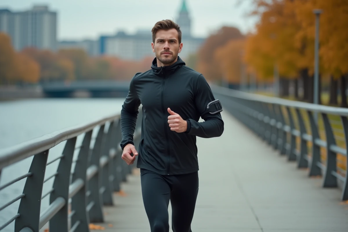 Homme en train de courir avec un cordon de sécurité pour téléphone portable fixé au poignet