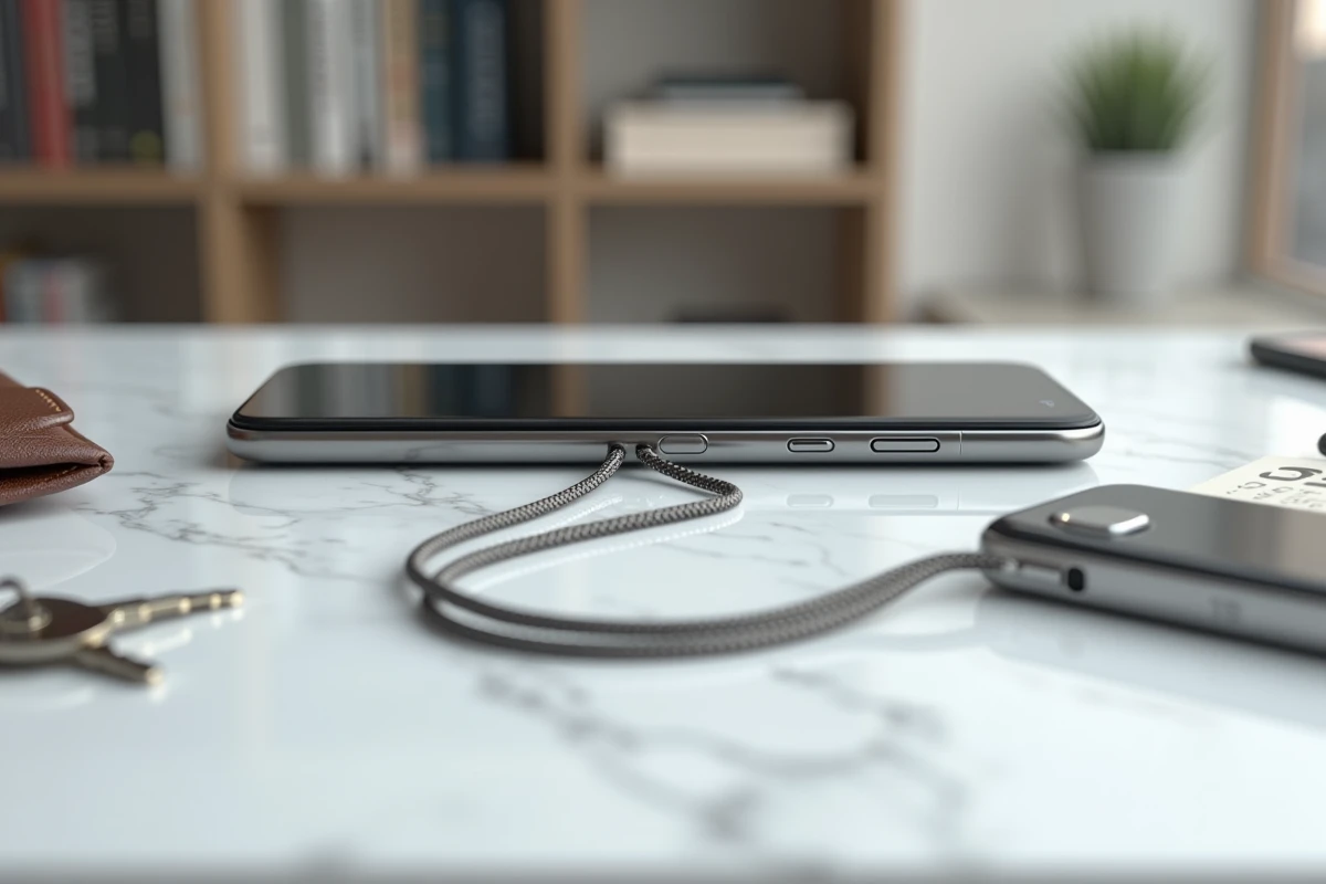 Gros plan d'un cordon téléphone portable transparent attaché à un smartphone posé sur un bureau en marbre