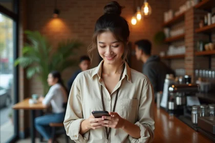 Jeune femme attachant un cordon téléphone sécurisé à son smartphone dans un café urbain