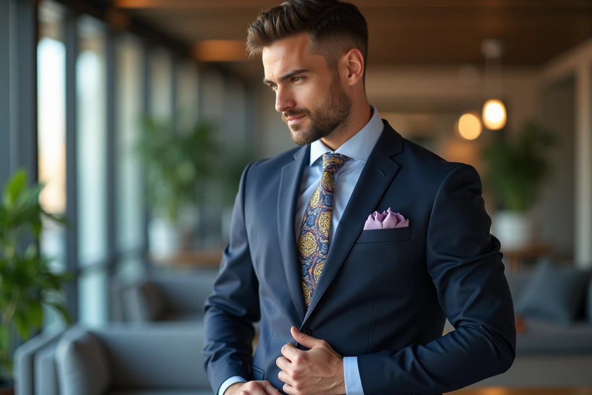 Homme en costume cravate mode élégante dans un bureau moderne