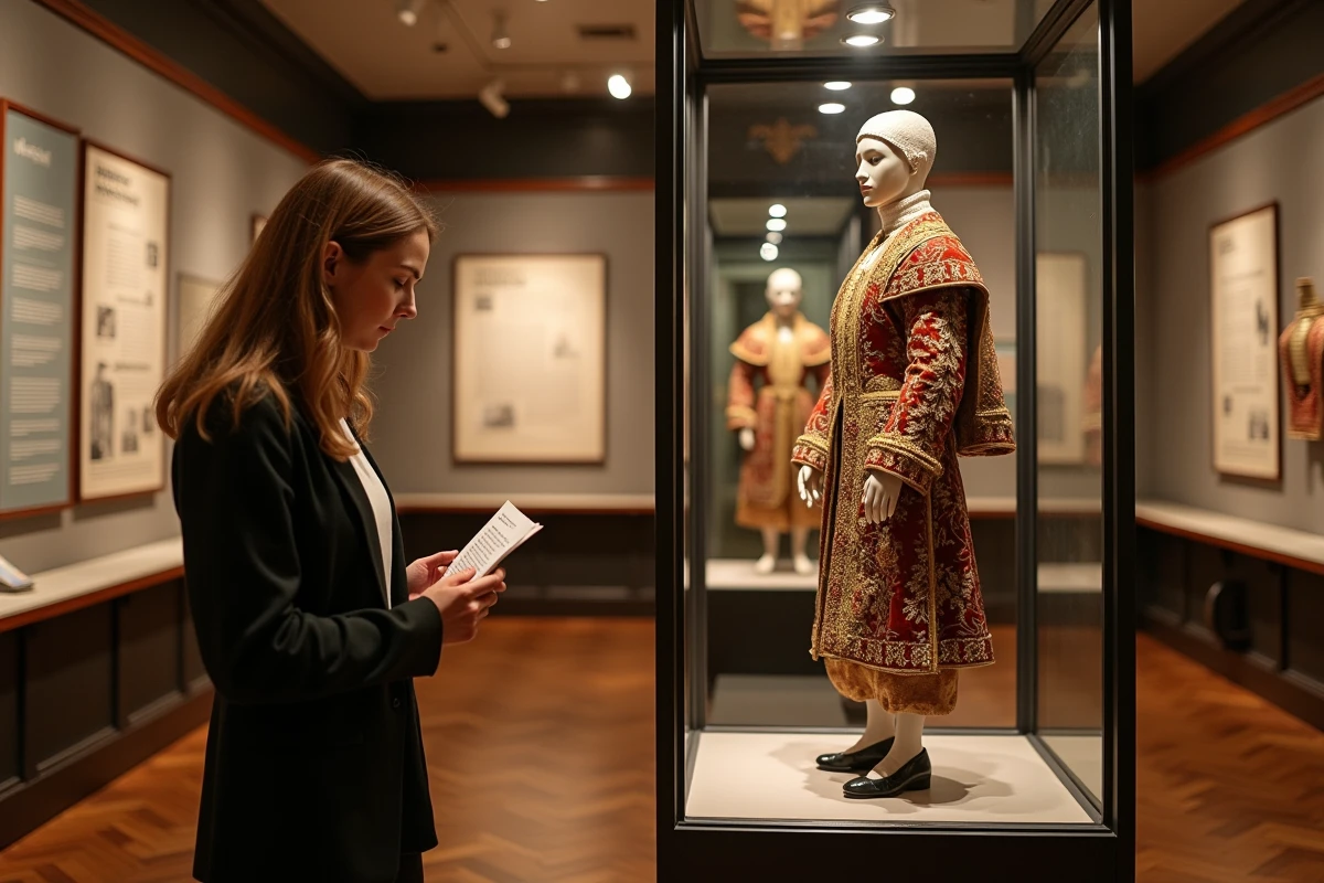 Conservatrice de musée examinant un costume officiel du Manneken-Pis exposé dans une vitrine du Musée de la Ville de Bruxelles