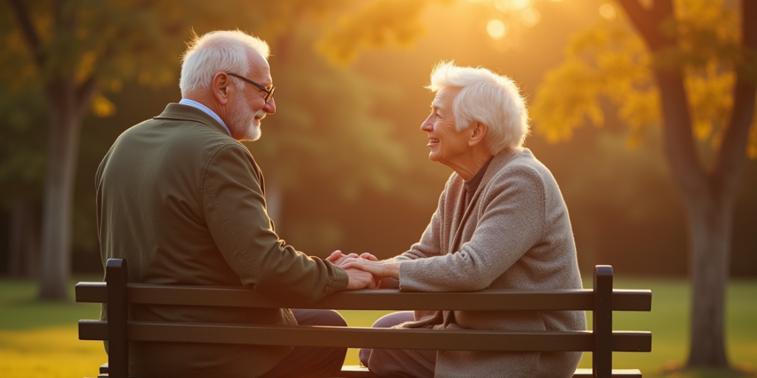Couple âgé souriant sur un banc en plein soleil