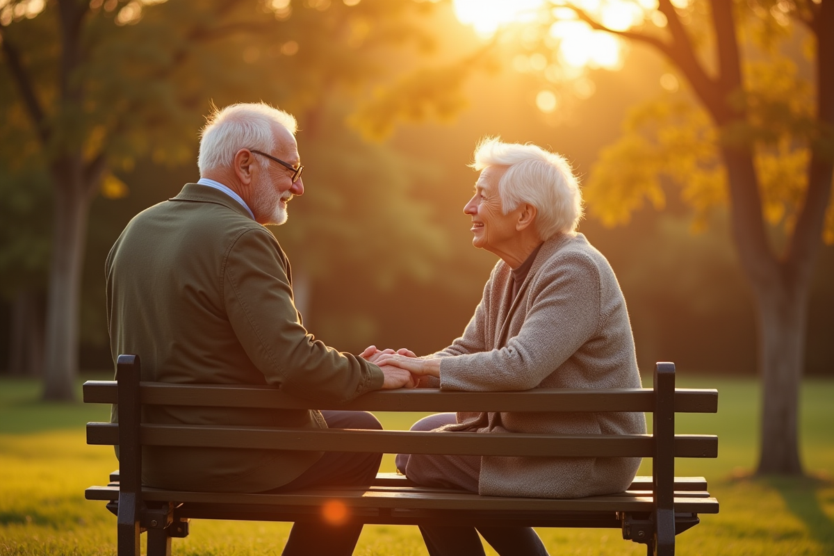 Couple âgé souriant sur un banc en plein soleil