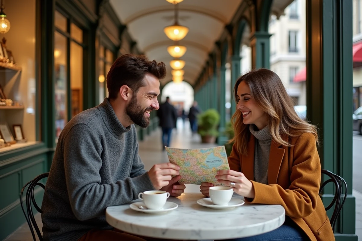 Couple échangeant un mot doux autour d'un café dans un passage couvert parisien avec décor vintage et sol en marbre