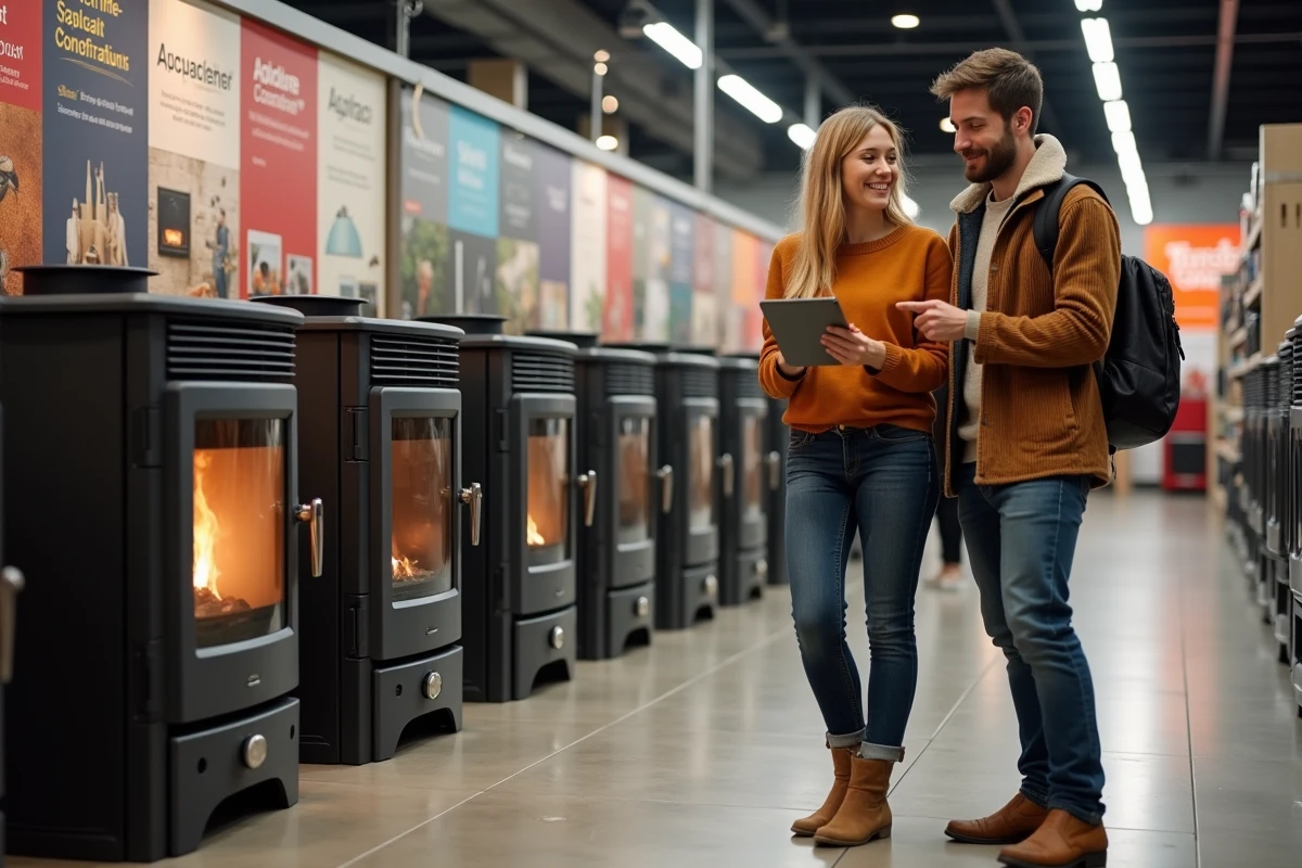 Couple comparant différents modèles de poêles dans un showroom de chauffage avec tablette numérique en main
