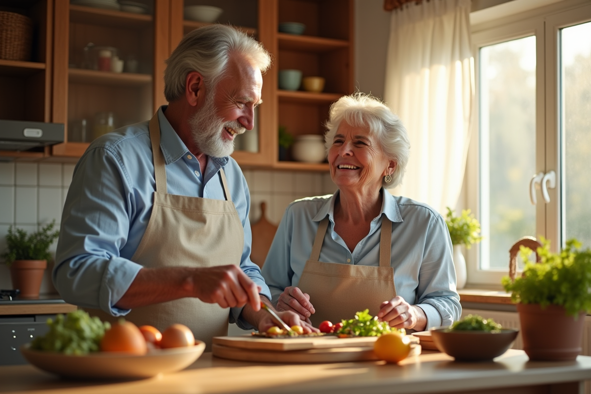 Couple mature préparant un repas dans la cuisine