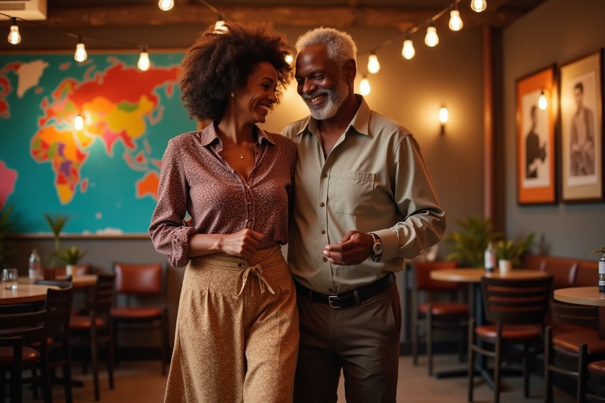 Couple afro-latino souriant sur la piste de danse à Lille