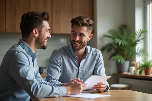 Jeune couple discutant de prêt immobilier dans une cuisine moderne