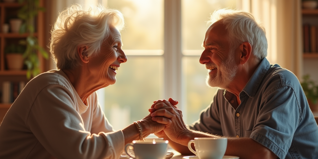 Couple d'ainés souriant lors d'un petit déjeuner lumineux