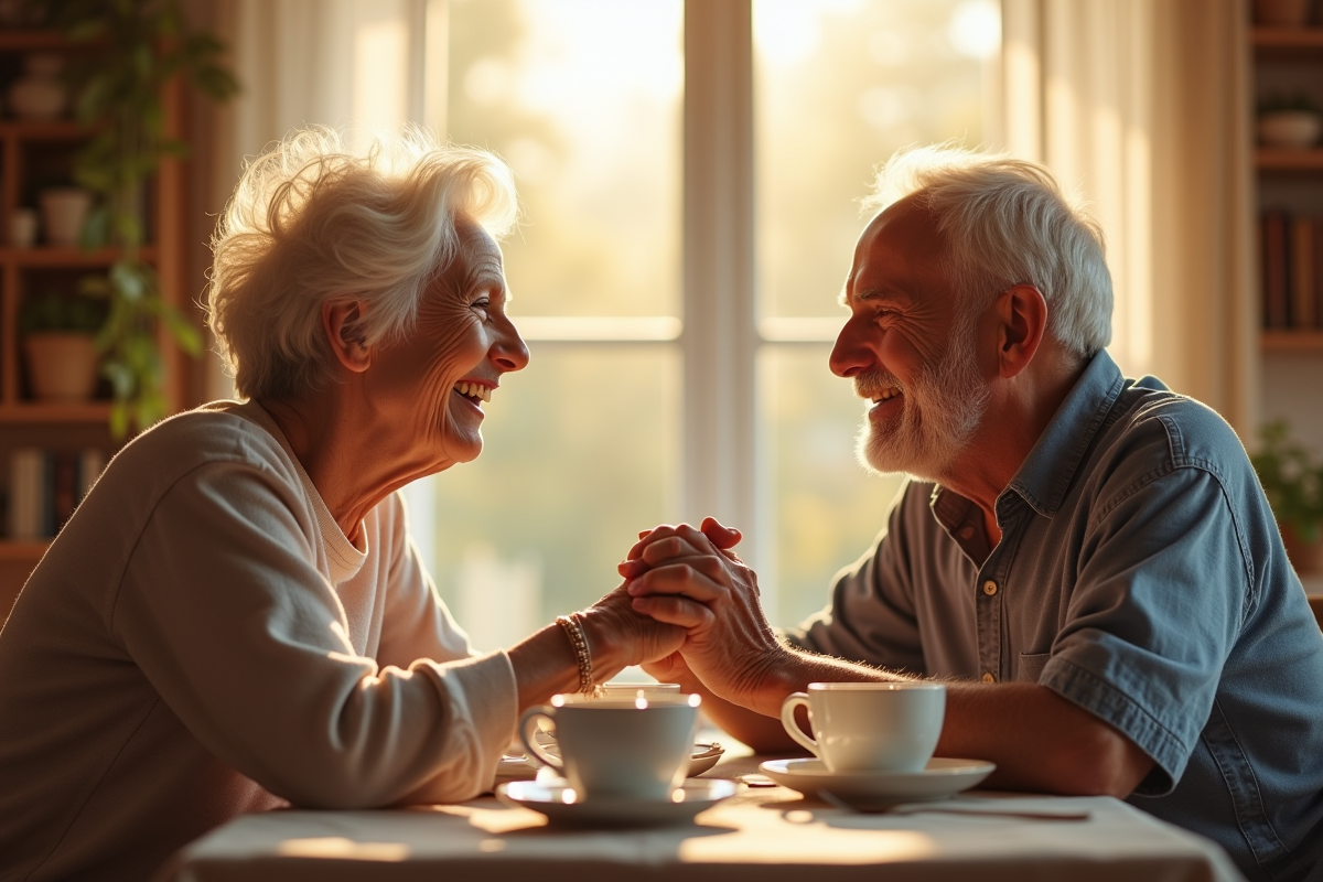Couple d'ainés souriant lors d'un petit déjeuner lumineux