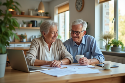 Couple souriant en cuisine planifiant ses finances