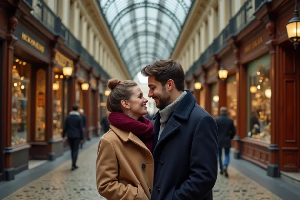 Couple romantique sous la verrière d'un passage couvert parisien en hiver, ambiance vintage et architecture du XIXe siècle