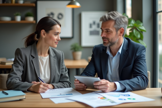 Couple d'affaires discutant de documents immobiliers