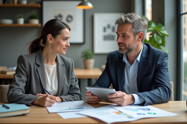 Couple d'affaires discutant de documents immobiliers