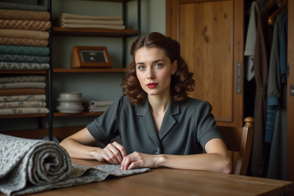 Femme en couture des années 1940 concentrée à coudre