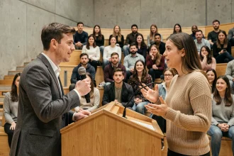 Deux jeunes adultes débattent sur le sens du mot woke lors d'une discussion publique dans un amphithéâtre universitaire moderne