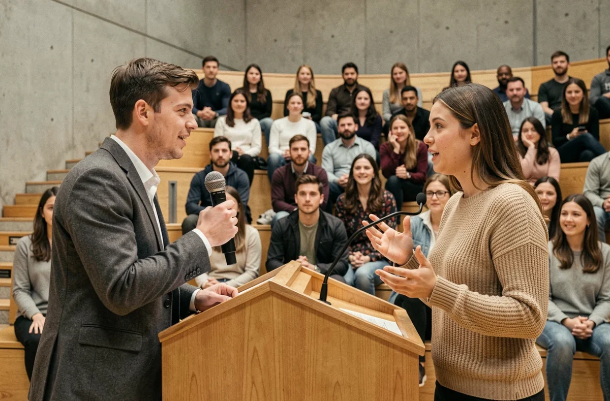 Deux jeunes adultes débattent sur le sens du mot woke lors d'une discussion publique dans un amphithéâtre universitaire moderne
