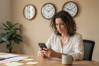 Femme consultant son téléphone avec deux horloges murales indiquant l'heure à Paris et à La Réunion dans un bureau à domicile