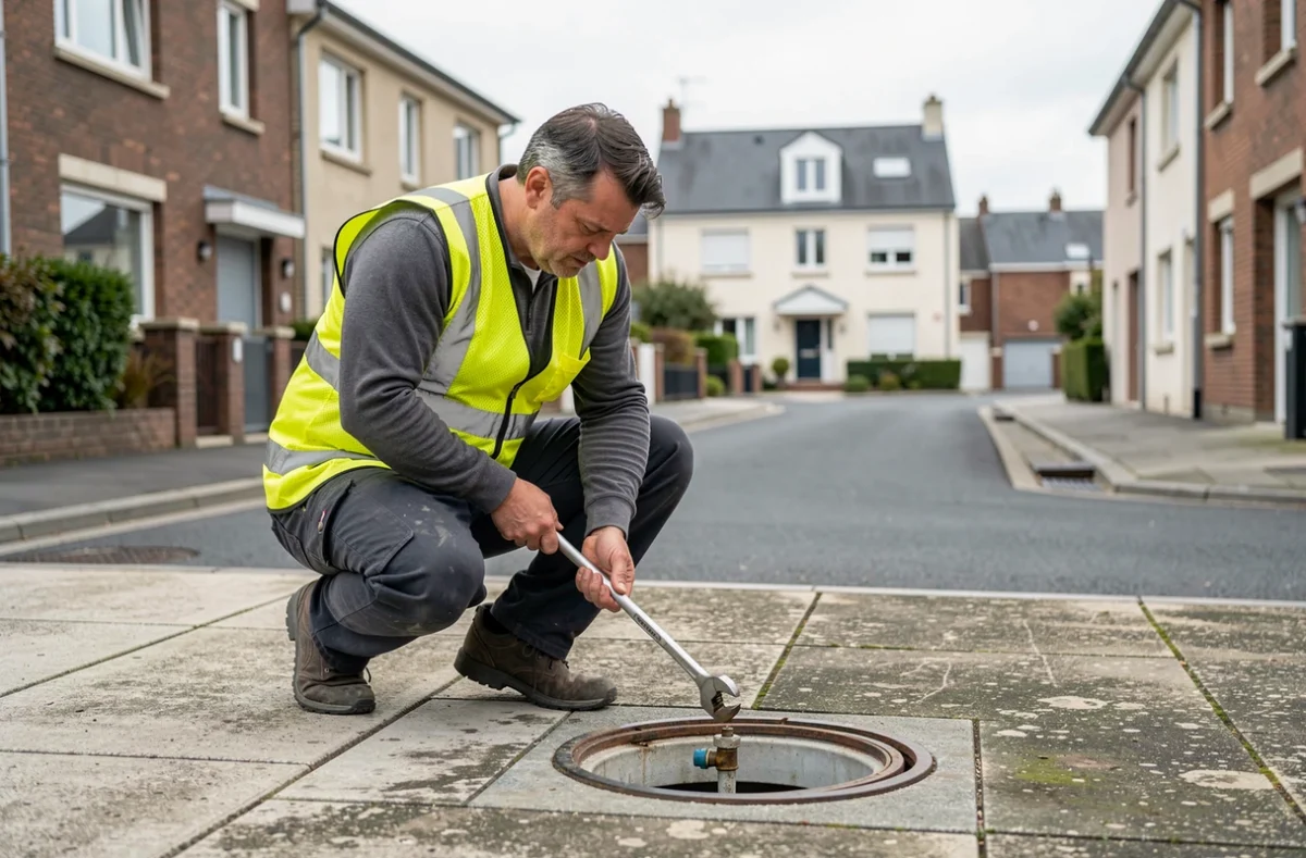 Un plombier dépanneur de Depanneo Yvelines intervient sur un compteur d'eau souterrain dans une rue résidentielle des Yvelines