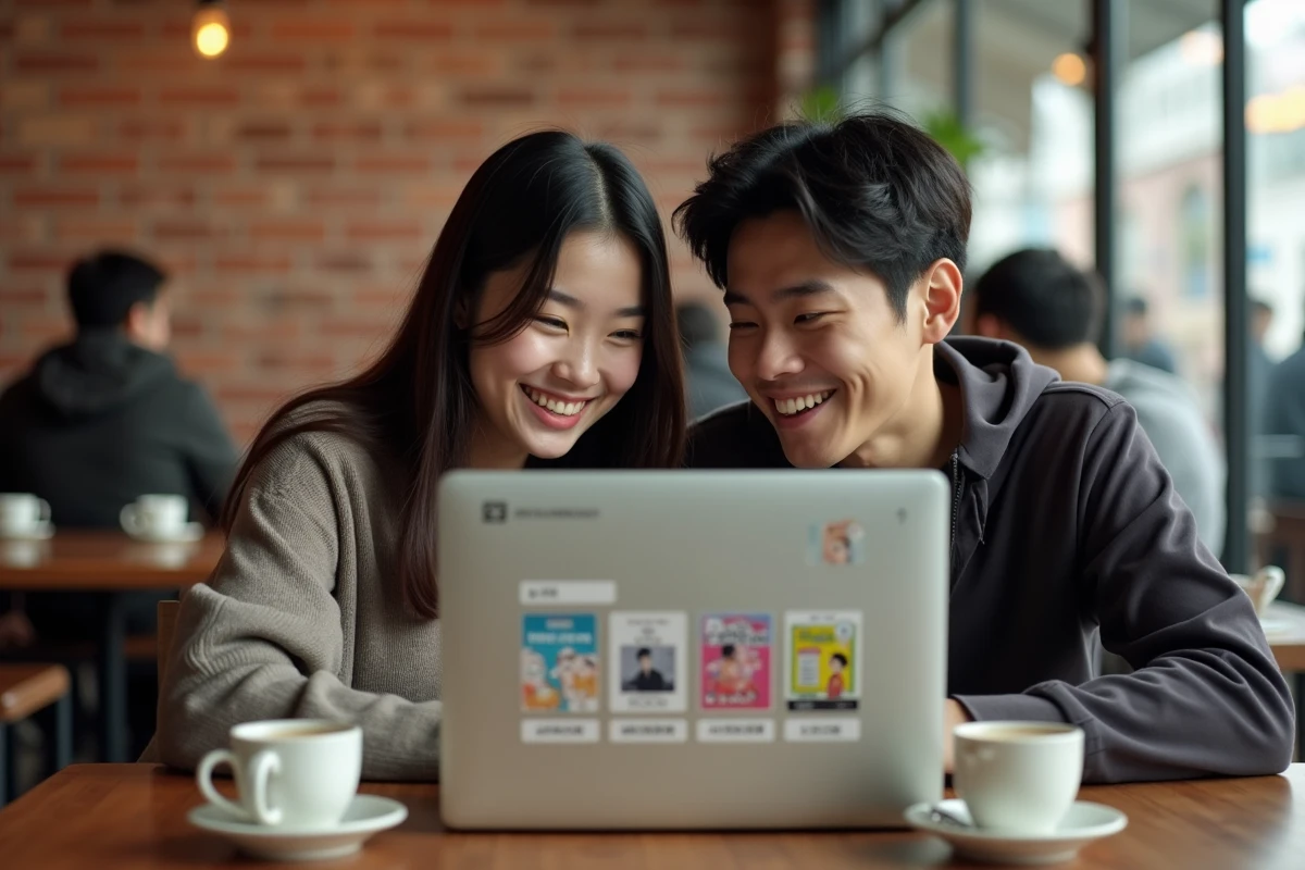 Deux jeunes adultes découvrant ensemble une plateforme de webtoon et manhwa sur un ordinateur portable dans un café
