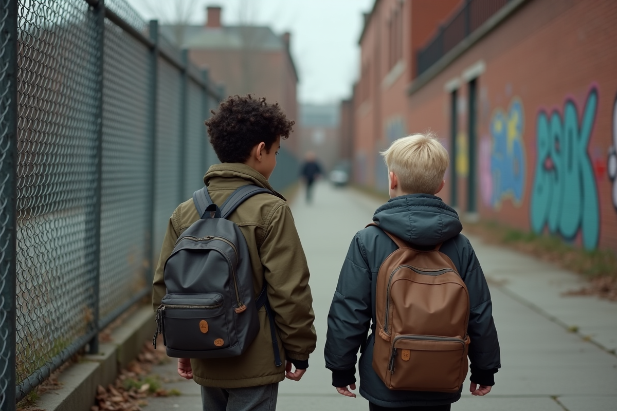 Deux garçons marchant côte à côte dans une rue urbaine