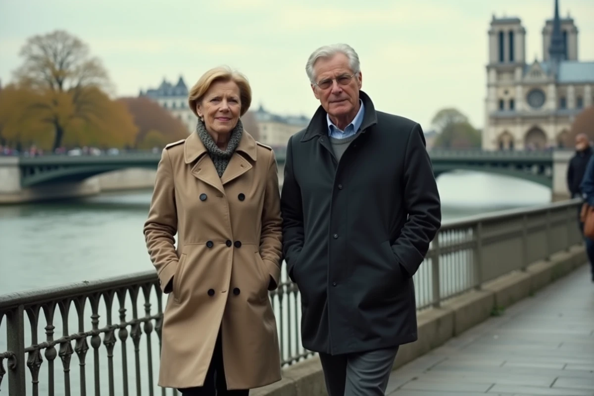 Deux personnalités marchant côte à côte sur les quais de la Seine à Paris, distance physique perceptible, atmosphère automnale et discrète