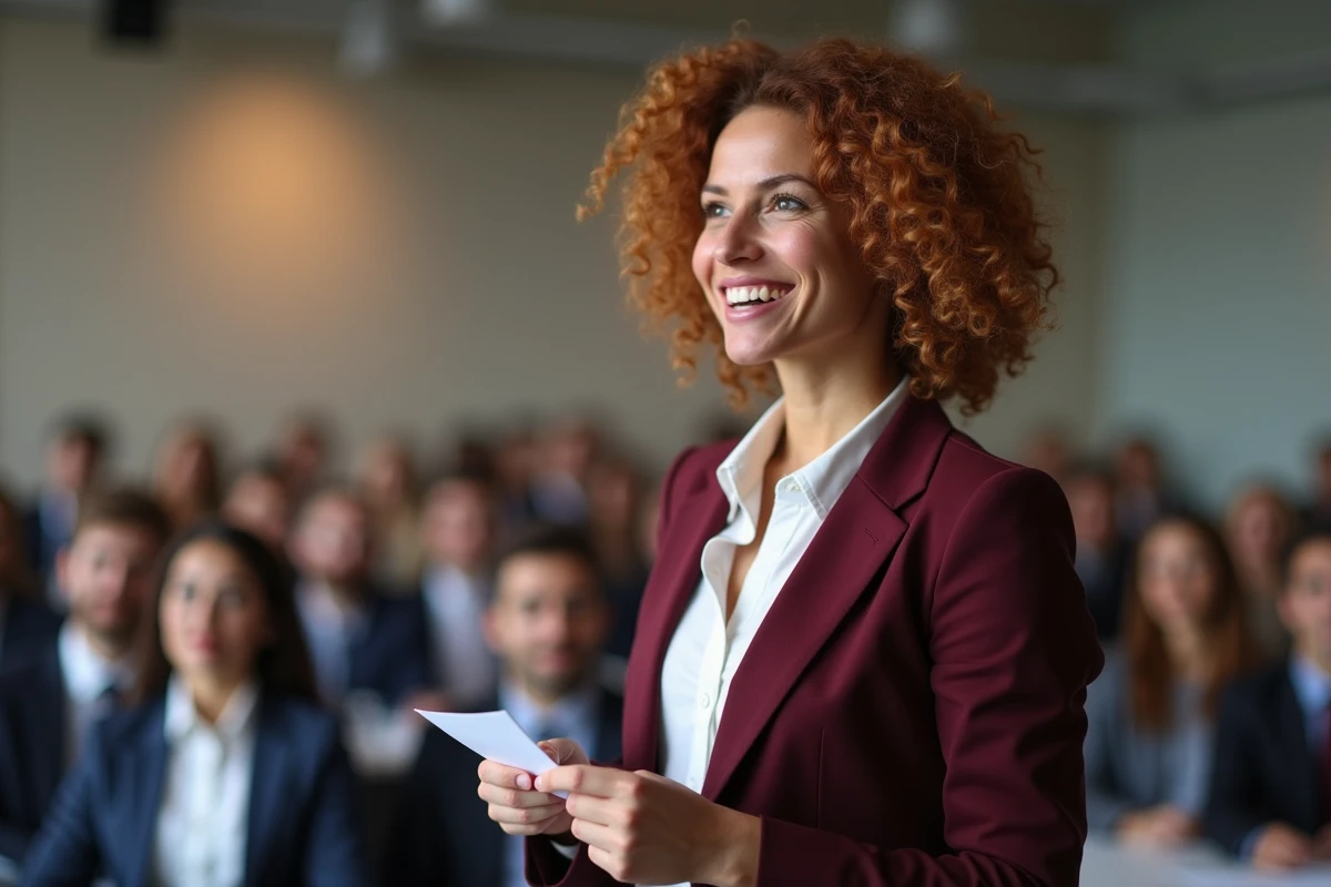 Femme prononçant un discours humoristique lors d'un événement d'entreprise avec des blagues