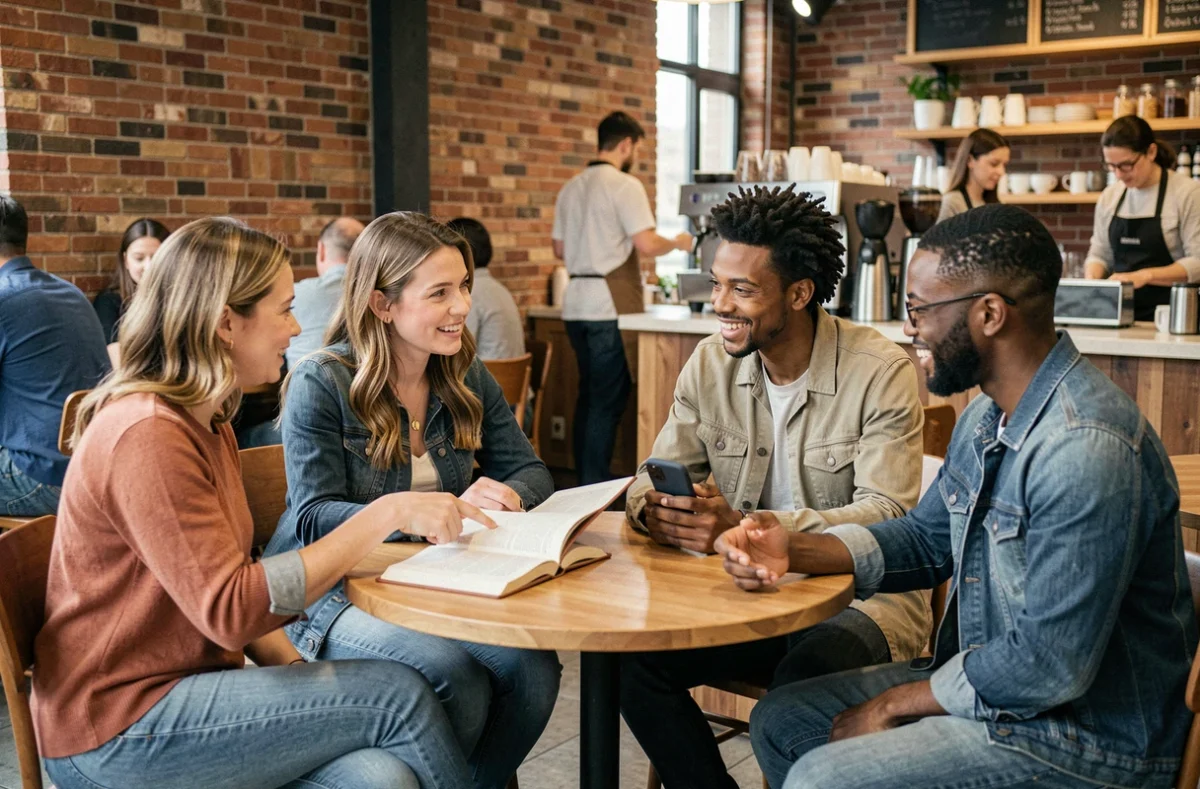 Un groupe de personnes aux profils variés discutent de la signification et des enjeux politiques du mot woke dans un café urbain