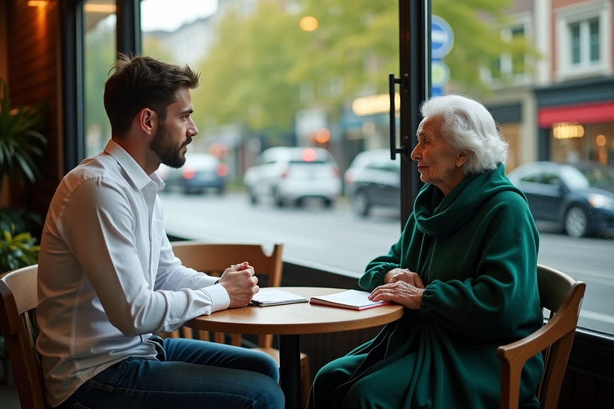 Jeune homme et femme psychique discutant au café en ville