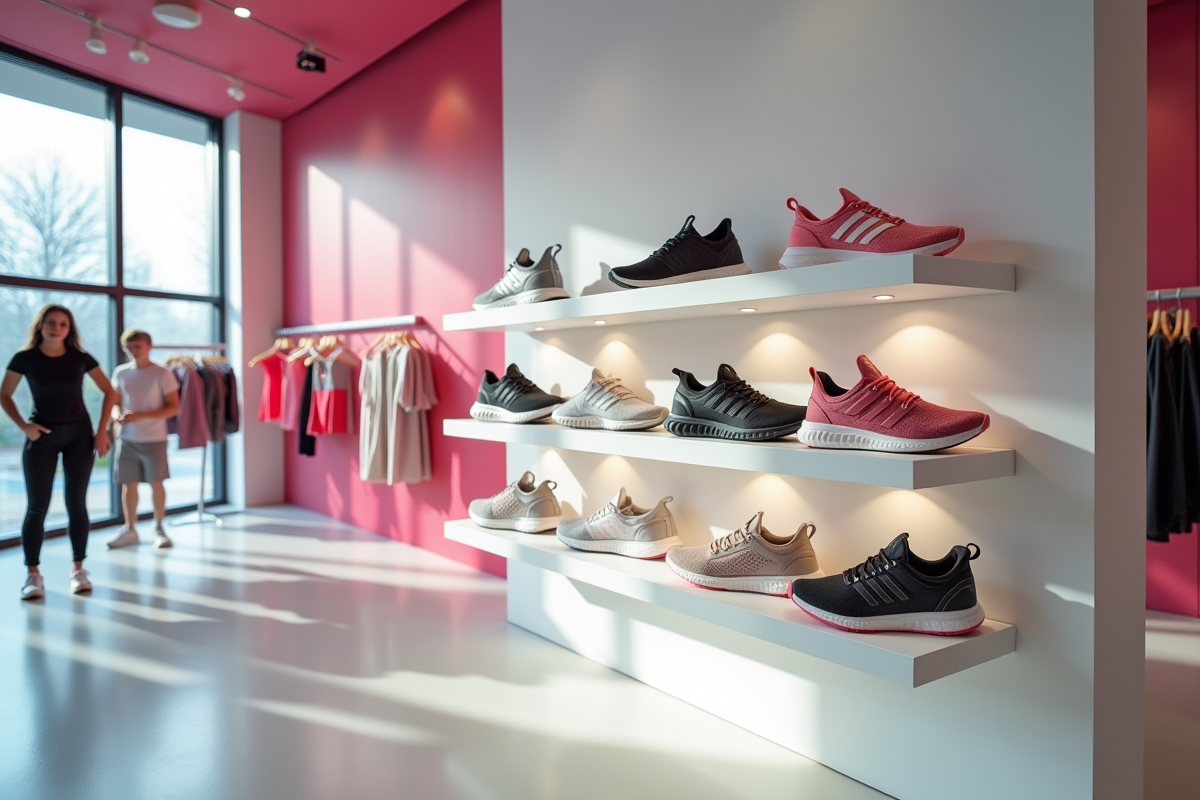 Vitrine avec sneakers de sport pour femmes dans un magasin tendance
