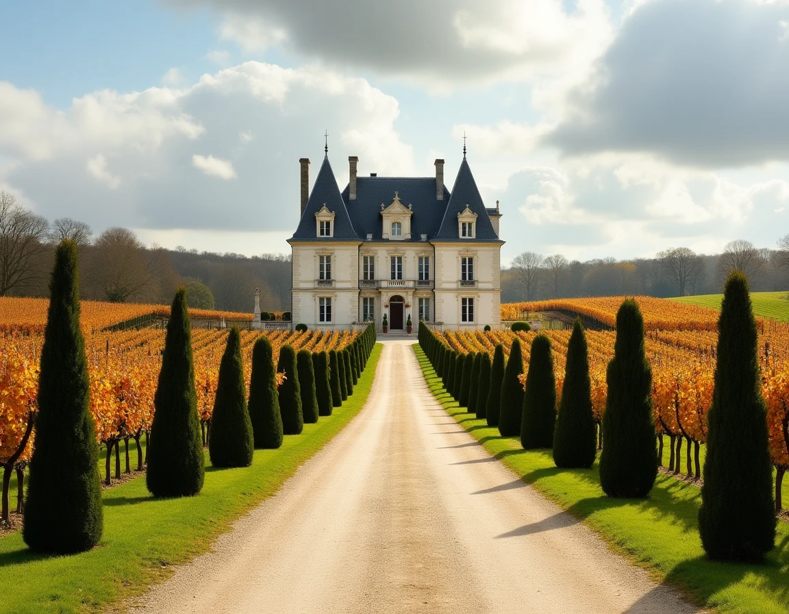 Vue extérieure du Domaine du Château Icla en Gironde, avec son allée de cyprès, sa façade en pierre calcaire et ses vignes à l'automne