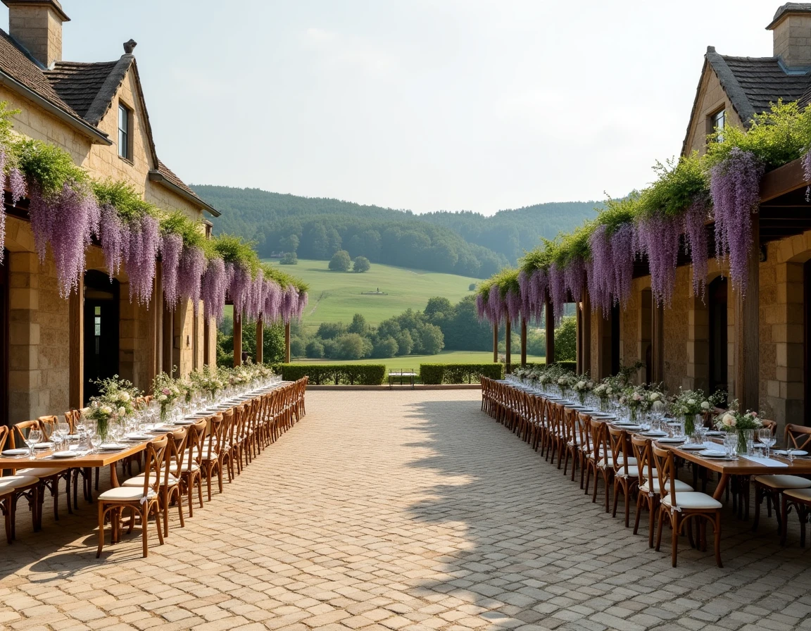 Cour intérieure du Domaine de Larchey en Gironde, avec pergola en bois, wistéria en fleurs et tables dressées pour un mariage champêtre en plein air