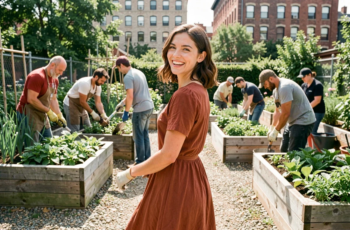 Jeune femme ENFJ animant un projet communautaire dans un jardin urbain, symbolisant la capacité du Protagoniste MBTI à fédérer et inspirer les autres