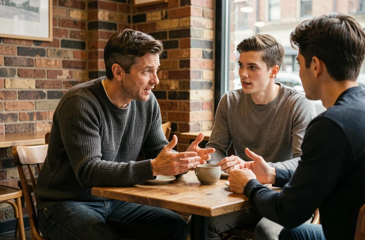 Homme de type ENFJ mentor guidant deux collègues dans un café, représentant l'empathie et l'influence positive caractéristiques du Protagoniste MBTI