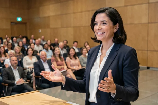 Femme charismatique de type ENFJ prenant la parole lors d'une conférence, illustrant le leadership et l'éloquence du profil Protagoniste MBTI
