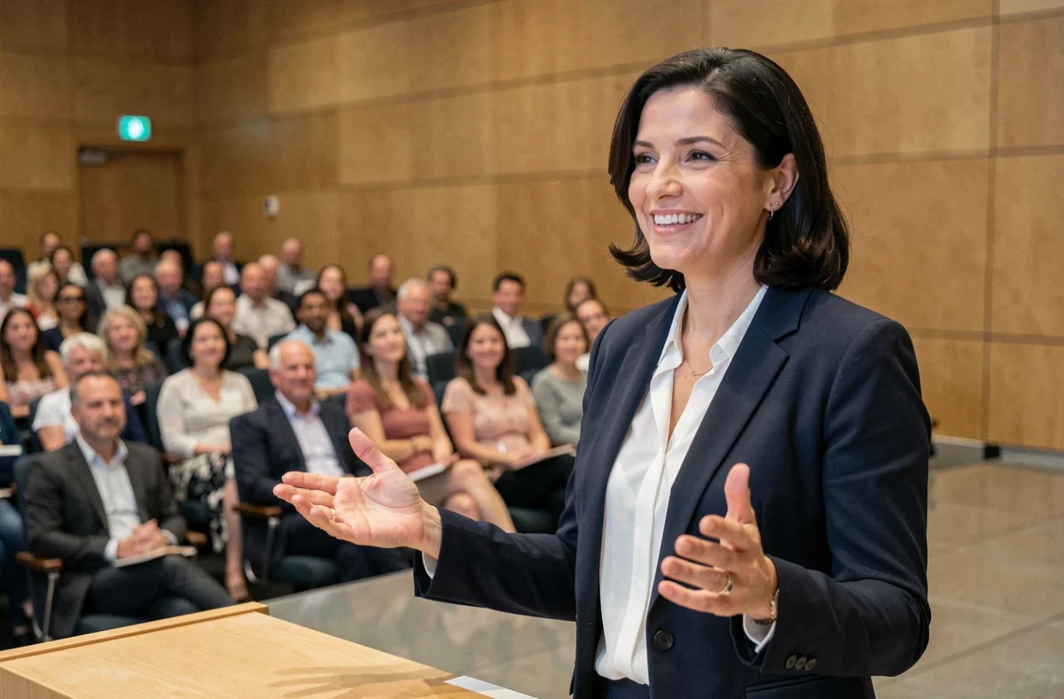 Femme charismatique de type ENFJ prenant la parole lors d'une conférence, illustrant le leadership et l'éloquence du profil Protagoniste MBTI
