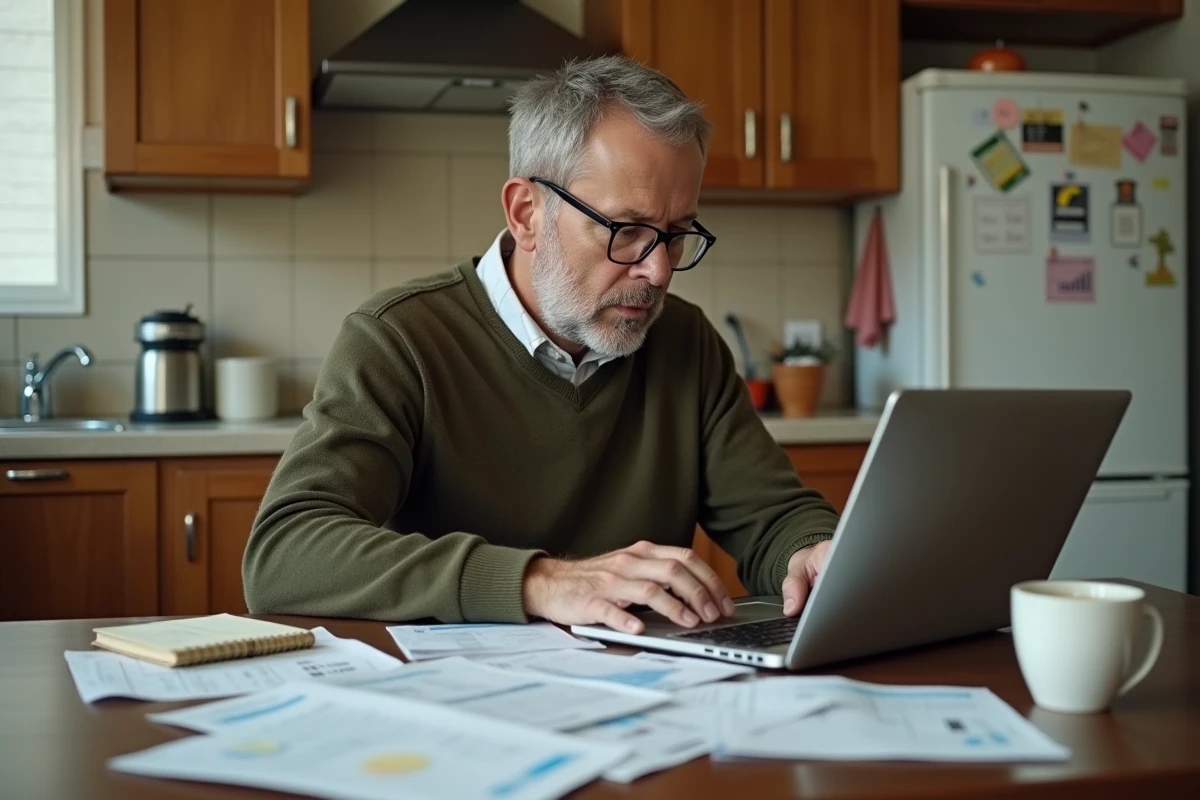 Enseignant certifié faisant son budget sur un ordinateur portable à la maison, symbolisant les difficultés financières liées au salaire de professeur certifié
